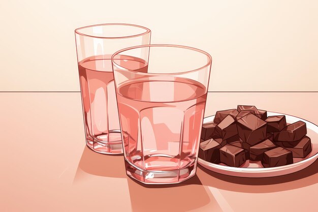 Ilustração minimalista de um jarro de vidro de água de cacau com copos elegantes na mesa e frutas nas proximidades