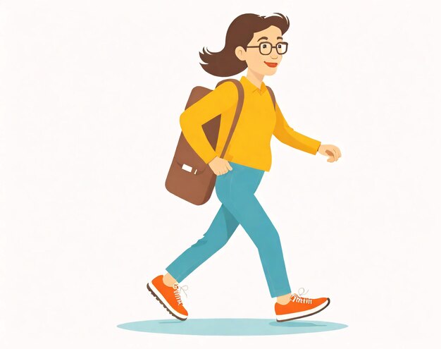 Ilustração minimalista de uma mulher caminhando com uma mochila