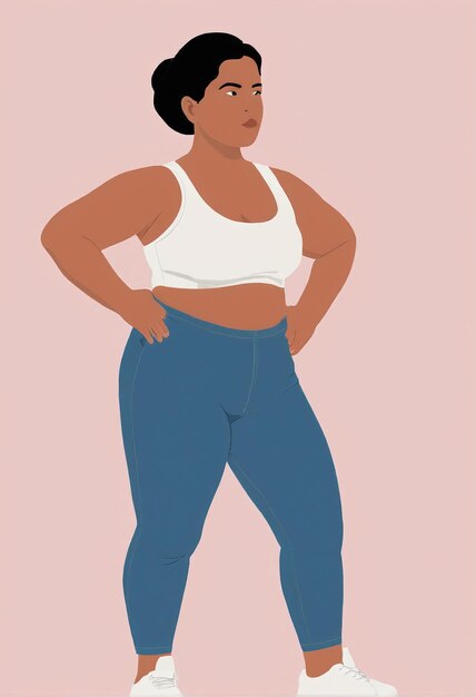 Ilustração minimalista de uma mulher com uma camisola branca e calças de ganga azuis de pé com as mãos sobre ele