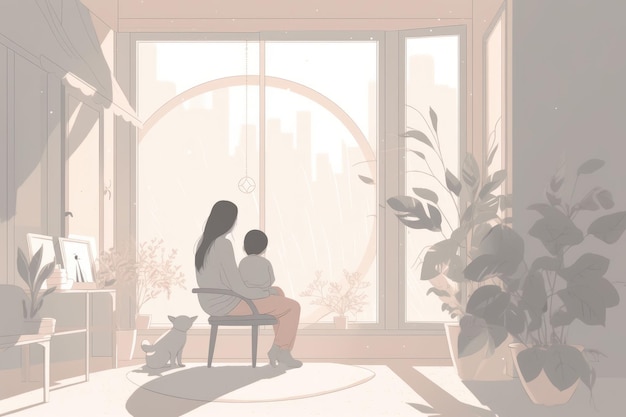 Ilustração minimalista do Dia das Mães que retrata mãe e filho em um ambiente interno tranquilo