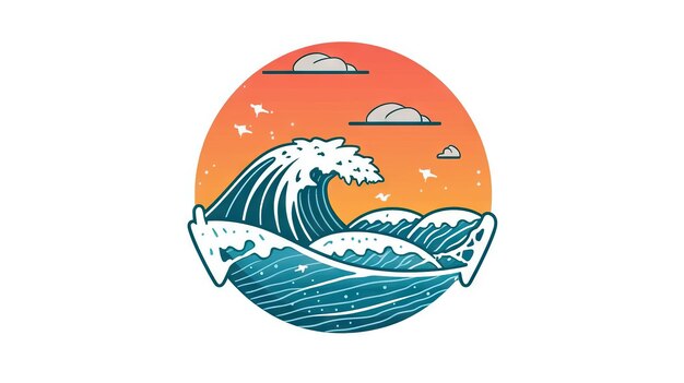 Ilustração minimalista do logotipo de um oceano de ondas durante uma viagem ao pôr do sol e surf de aventura e aquático