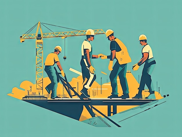 Ilustração minimalista Trabalho em equipe um grupo de trabalhadores no canteiro de obras