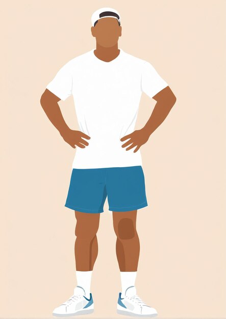 Ilustração minimalista um homem de calções curtos e uma camisa branca está de pé com as mãos nos quadris