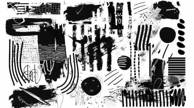 Foto ilustração moderna com rabiscos carvão de madeira rabiscos grosseiros traços de pincel sublinha e círculos listras de carvão em negrito à mão livre formas de tinta ou rabiscos de lápis