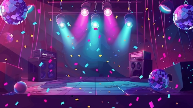 Ilustração moderna de bola de discoteca e alto-falante em uma boate Página de desembarque para evento musical com ilustração de desenho animado de bola de disko Poster de convite roxo com ilustrações de bola de discos