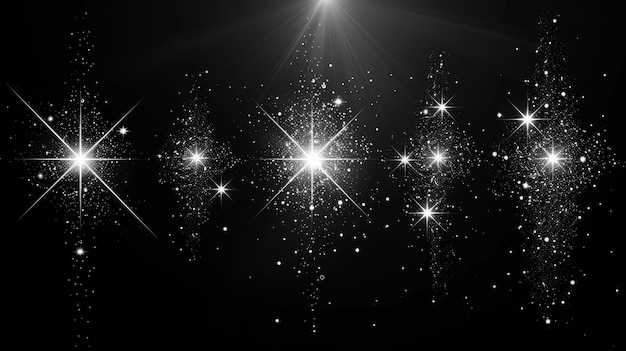 Ilustração moderna de brilho efeito de luz estrelas explode com faíscas isoladas em fundo preto Para bandeiras em celebrações de Natal bandeiras para design de bandeiras para celebrações de Nadal