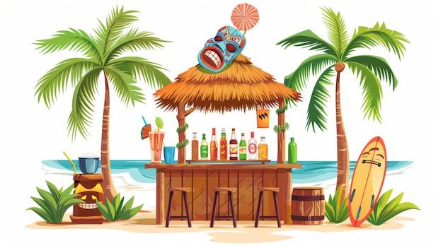 Ilustração moderna de desenho animado de um pub africano decorado com máscaras tiki café havaiano com coquetéis de álcool no balcão e prancha de surf sob palmeiras