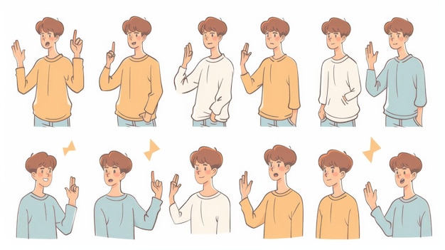Ilustração moderna de estilo desenhado à mão mostrando um personagem masculino fazendo vários gestos