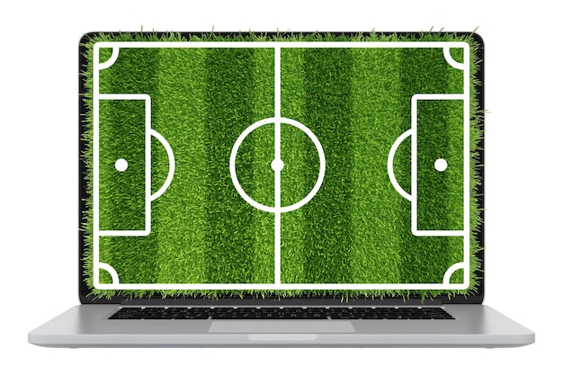 Ilustração moderna de laptop com um dispositivo de computador e grama de futebol