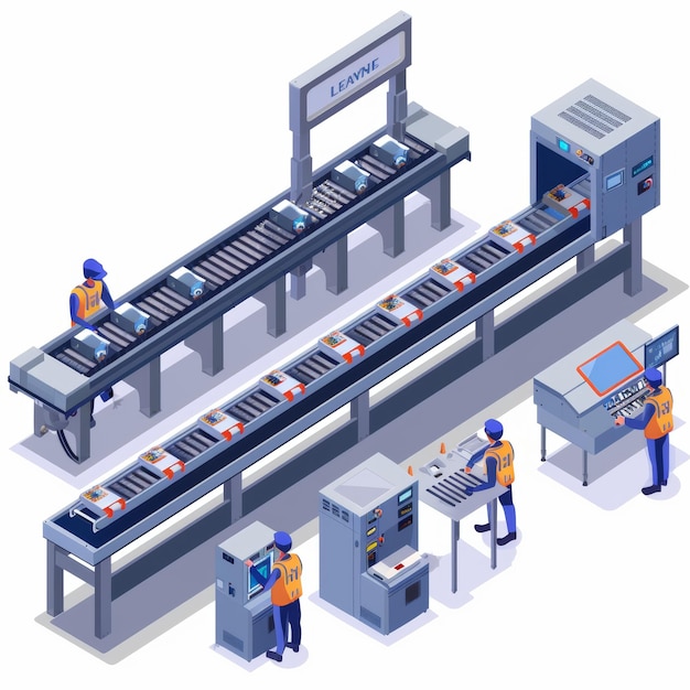 Foto ilustração moderna de linha de transporte automatizada mecanizada de fábrica linha de montagem de fábrica com trabalhadores em um transportador