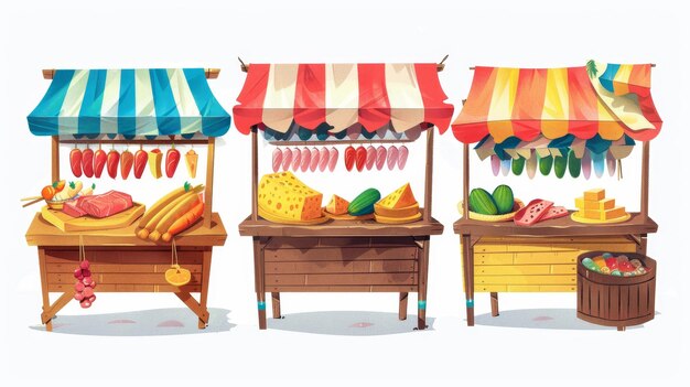 Foto ilustração moderna de lojas de comércio justo com presunto de peixe e queijo exibe balcões sob tendas listradas coloridas barracas de mercado de alimentos frescos em fundo branco