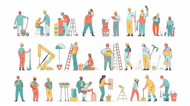 Ilustração moderna de trabalhadores em um canteiro de obras em estilo de projeto plano