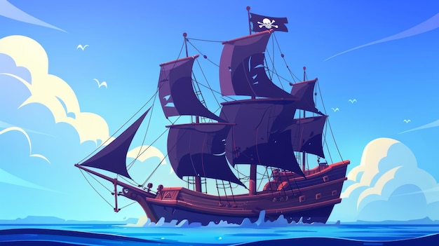 Ilustração moderna de um navio pirata com uma bandeira preta e Jolly Roger a bordo do navio de guerra Filibusters na superfície azul do oceano com canhões Ilustração do desenho animado Legend of the Seas