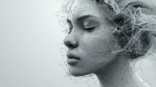 Ilustração moderna de uma cabeça de homem 3D realista com pele poligonal Linhas abstratas triângulos e partículas