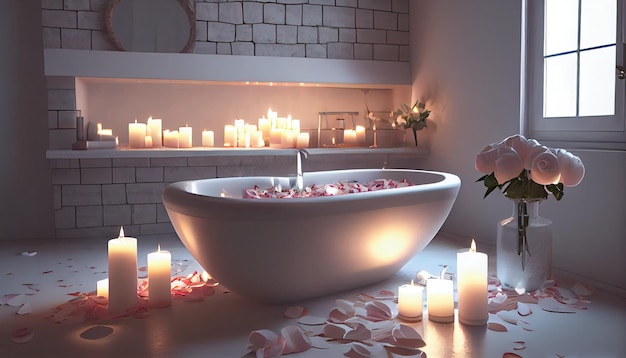 Ilustração moderna do banheiro com banheira moderna queimando velas e pétalas de rosa