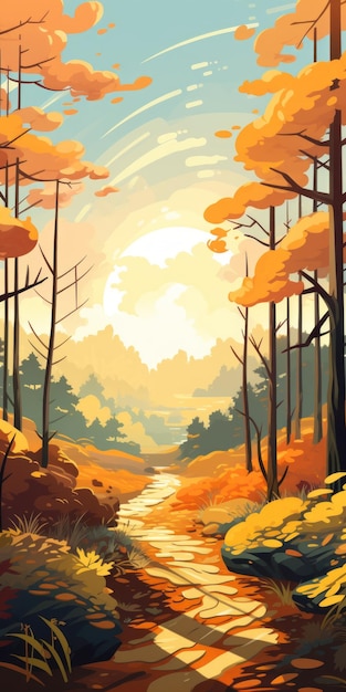 Ilustração moderna e colorida da floresta com floresta e dunas