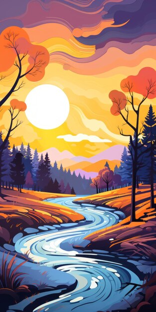 Ilustração moderna e colorida de um rio com floresta e dunas
