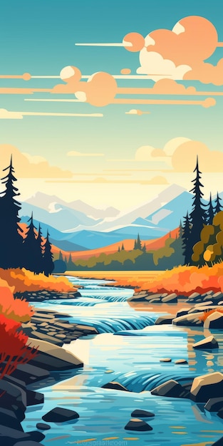 Ilustração moderna e colorida de um rio com floresta e dunas