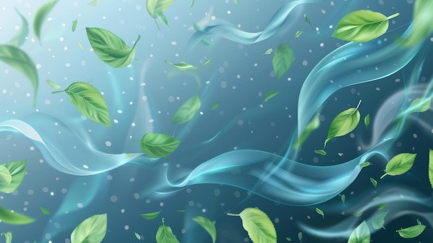 Ilustração moderna mostrando um vento azul girando e ondas no ar acompanhadas de folhas verdes voadoras ilustração realista moderna com movimento de vento fresco com folhas de hortelã isoladas em