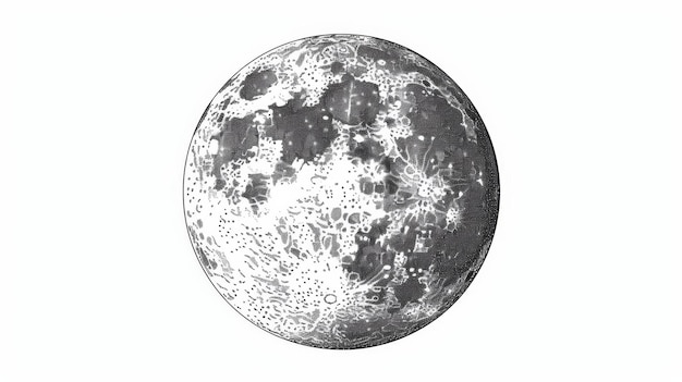 Ilustração monocromática desenhada à mão de uma lua sobre um fundo branco Desenho simples de um corpo celeste, objeto astronômico ou satélite