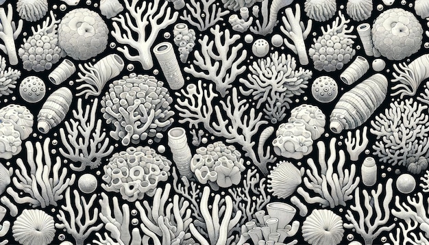 Foto ilustração monocromática do ecossistema de recifes de diversas espécies de corais e esponjas