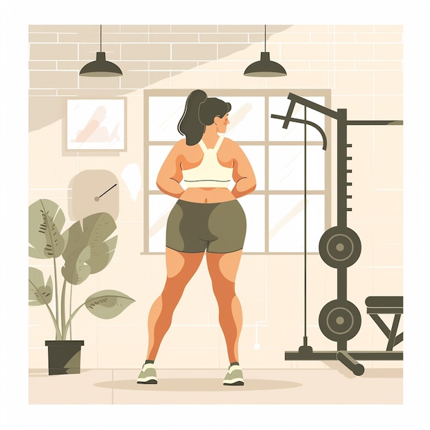 Ilustração mulher com excesso de peso com halteres Conceito de estilo de vida saudável e esportes para perder peso