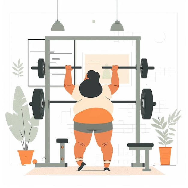 Ilustração mulher com excesso de peso com halteres Conceito de estilo de vida saudável e esportes para perder peso
