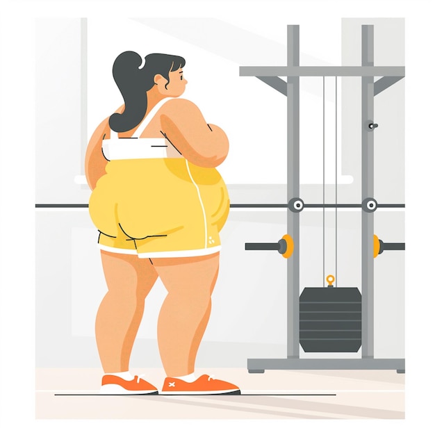 Ilustração mulher com excesso de peso com halteres Conceito de estilo de vida saudável e esportes para perder peso