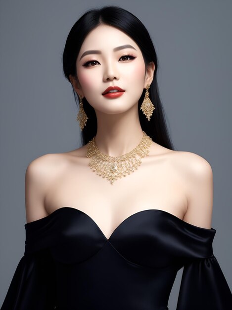 Foto ilustração mulher coreana vestindo vestido de luxo jóia com ai gerado