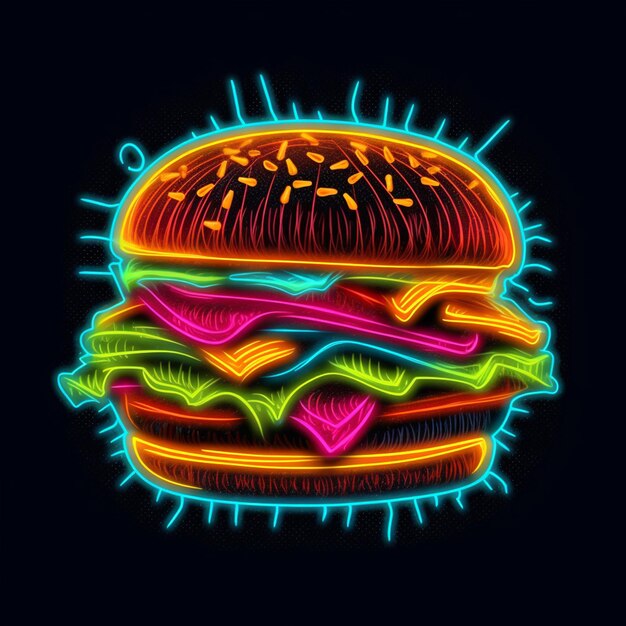 Ilustração neon de um hambúrguer com pão e queijo generativo ai