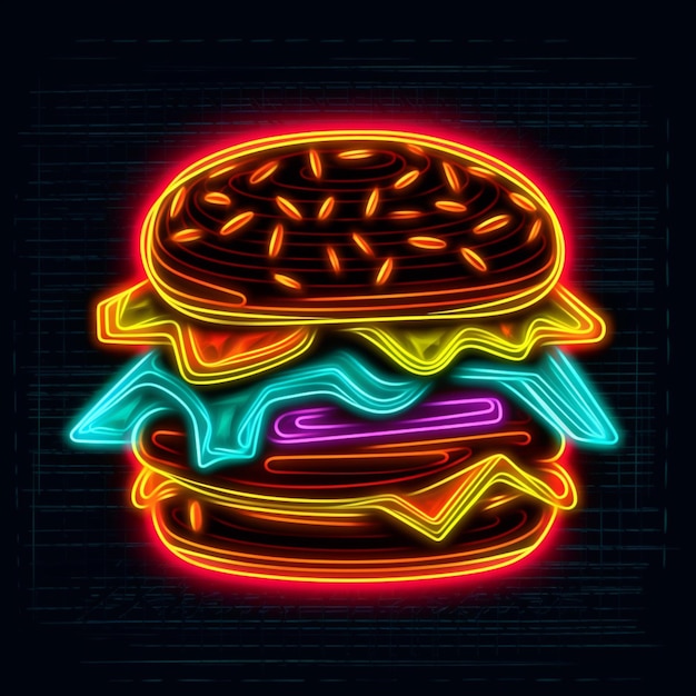 Foto ilustração neon neon de um hambúrguer com uma rosquinha nela generativa ai