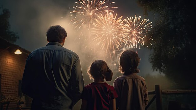 Ilustração noturna de uma família brincando com fogos de artifício