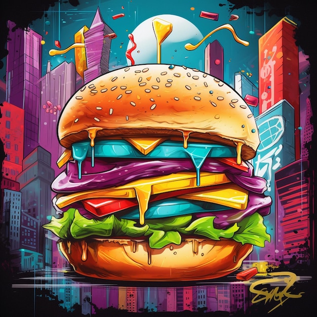ilustração ousada de um hambúrguer com elementos de estilo de arte de rua