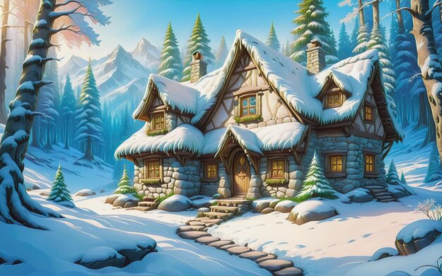 ilustração paisagem Casa de fantasia na floresta de inverno velho barraco de pedra