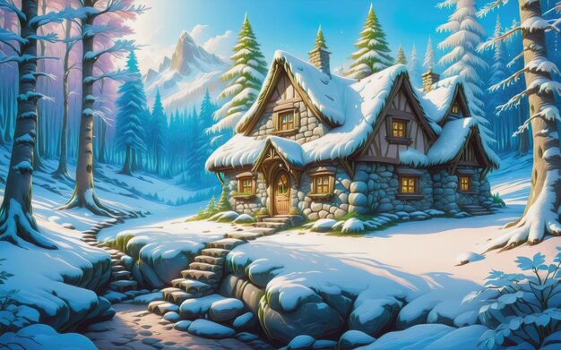 ilustração paisagem Casa de fantasia na floresta de inverno velho barraco de pedra