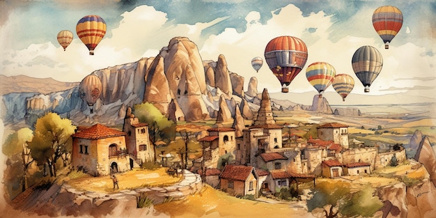 Ilustração panorâmica em aquarela da CAPPADOCIA