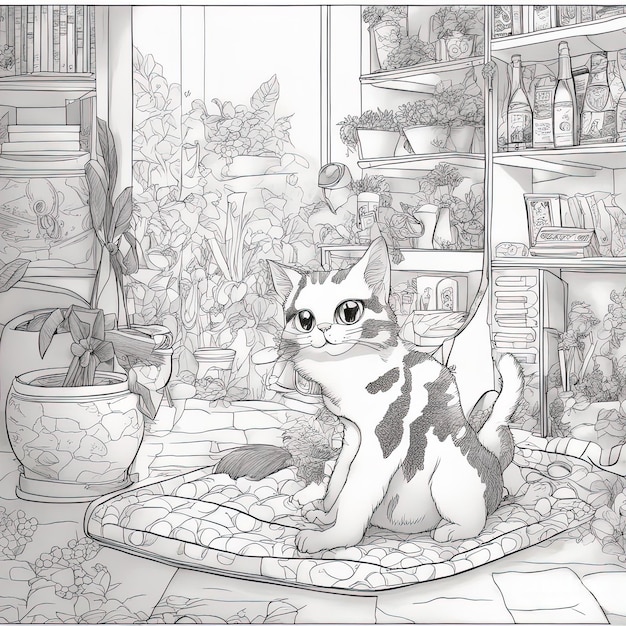 Ilustração para colorir gatos engraçados preto e branco