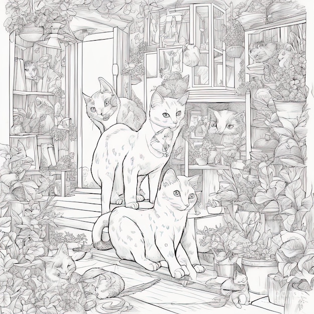 Gato bonito e folhas - Gatos - Coloring Pages for Adults