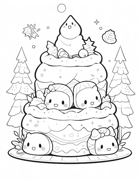 Desenhos para colorir Kawaii, árvore interior de Natal do KDP