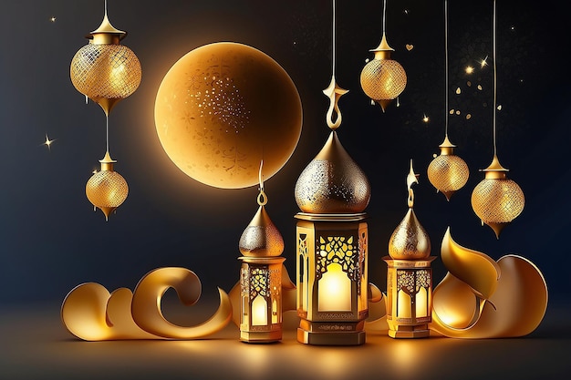Ilustração para festa de Iftar em Eid Mubarak festival de luzes design cartão banner cartaz Ilustração de Ramadan Kareem com lanternas e Lua dourada