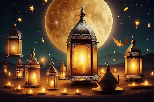 Ilustração para festa de Iftar em Eid Mubarak festival de luzes design cartão banner cartaz Ilustração de Ramadan Kareem com lanternas e Lua dourada