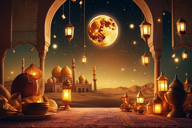 Ilustração para festa de Iftar em Eid Mubarak festival de luzes design cartão banner cartaz Ilustração de Ramadan Kareem com lanternas e Lua dourada