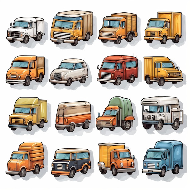 Ilustração para ícones de caminhão plano fofo conjunto de adesivo isométrico