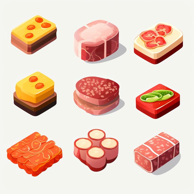 Ilustração para ícones de carne de almoço plano fofo conjunto adesivo isométrico