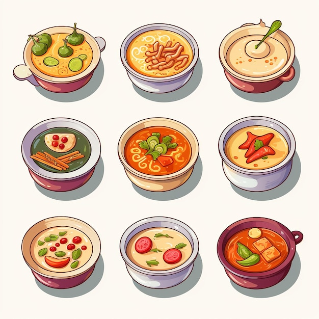 Ilustração para ícones de sopa plana fofos com adesivo isométrico