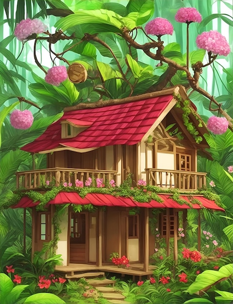 Ilustração para livro de fantasia infantil 039 Casa de madeira na floresta