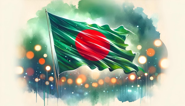 Ilustração para o Dia da Independência de Bangladesh com a bandeira ondulada de Bangladesh em estilo aquarela