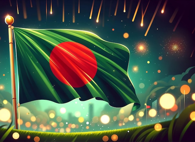 Ilustração para o Dia da Independência de Bangladesh com bandeira ondeando e luzes bokeh