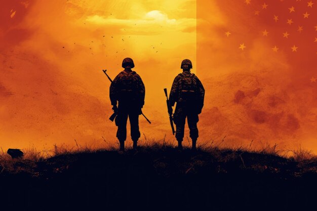 Ilustração para o Dia da Independência dos Estados Unidos, 4 de julho, soldados com bandeira americana sob um belo sol Generative AI
