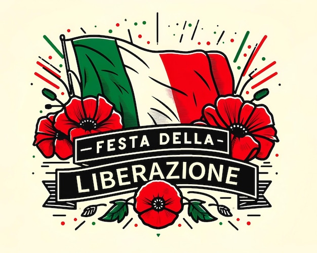 Ilustração para o Dia da Libertação da Itália com papoulas vermelhas e bandeira da Itália